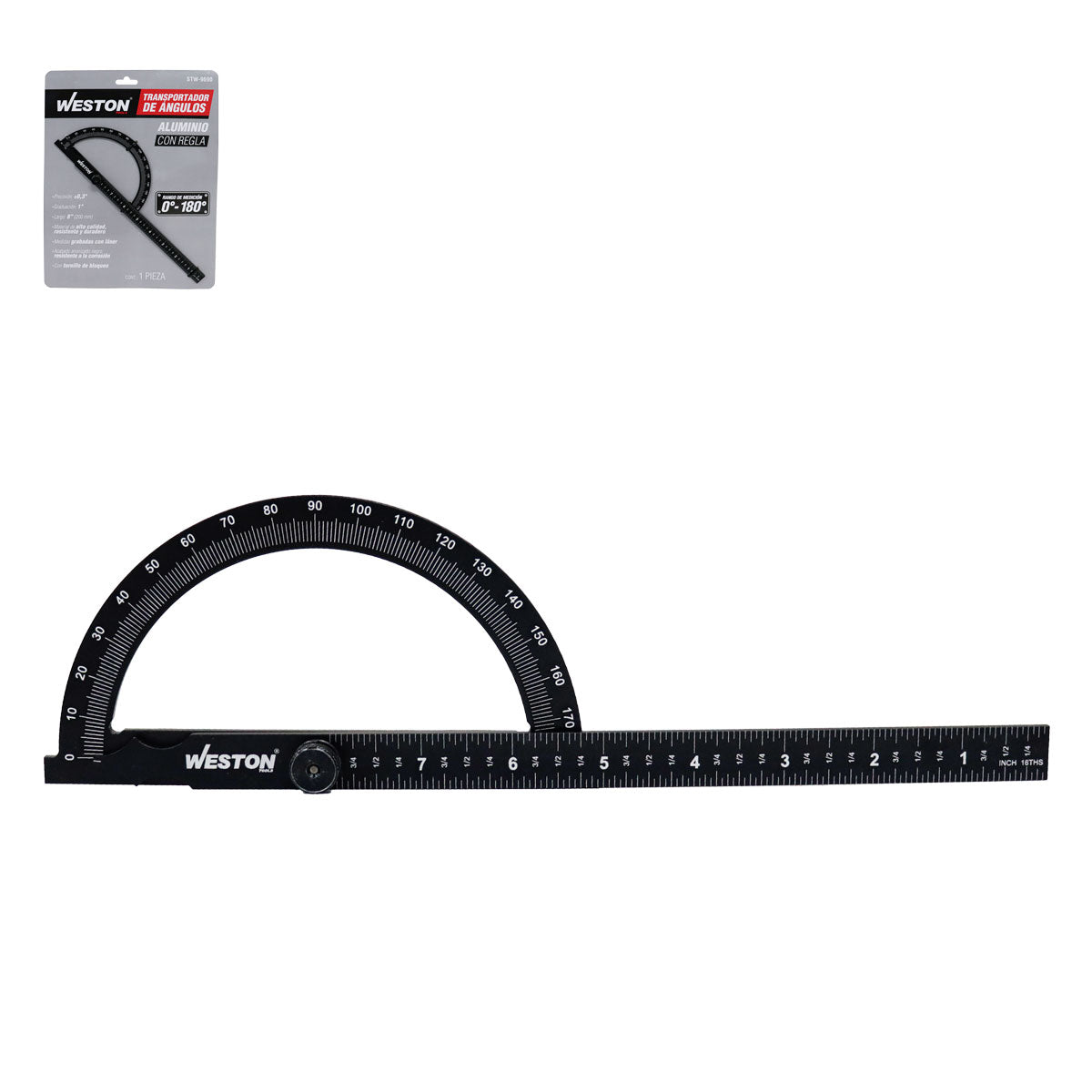 Transportador de Aluminio con Regla 180° 8" | STW-9690
