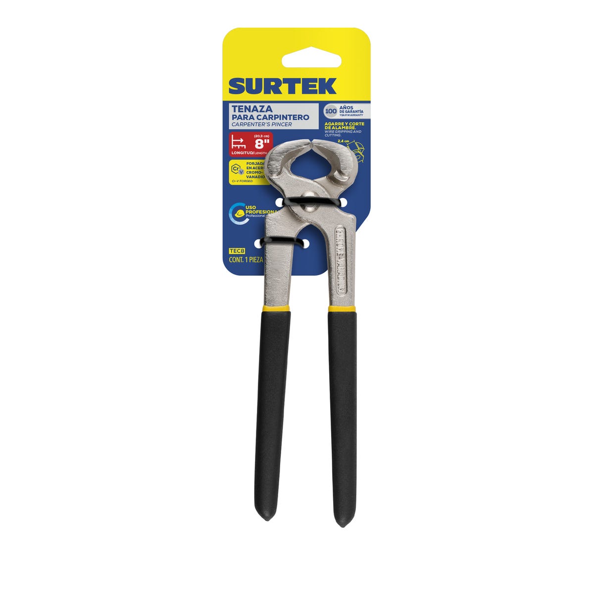 Tenaza Para Carpintero Mango Con Doble Recubrimiento 8, Surtek TEC8