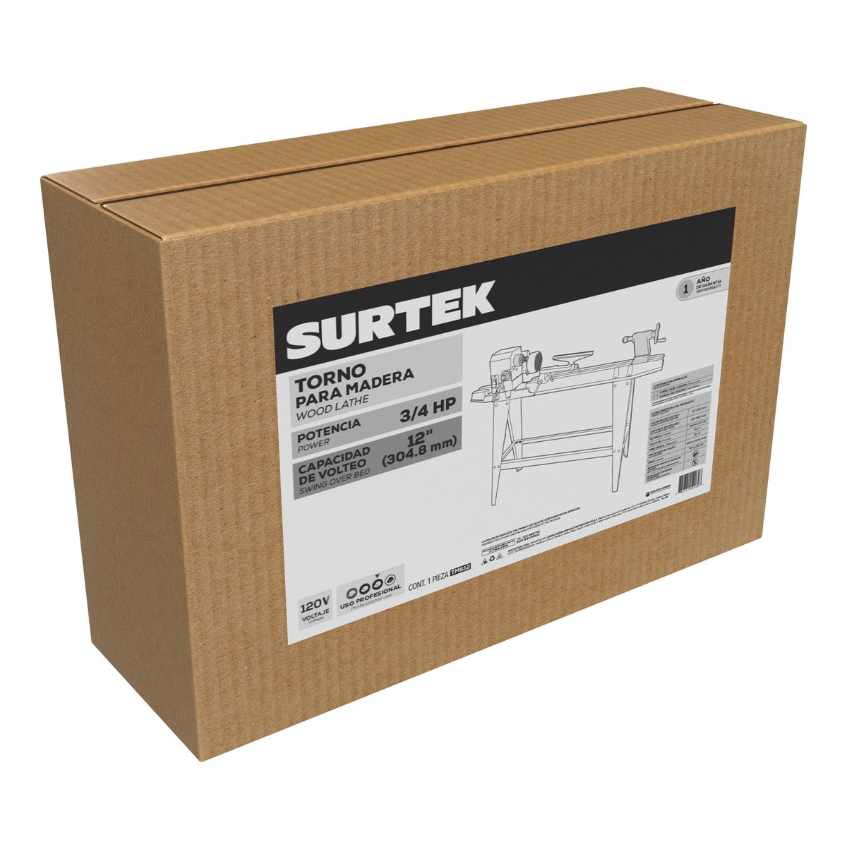 Torno Para Madera Velocidad Variable 12 3/4 HP, 550 W, Surtek TM612