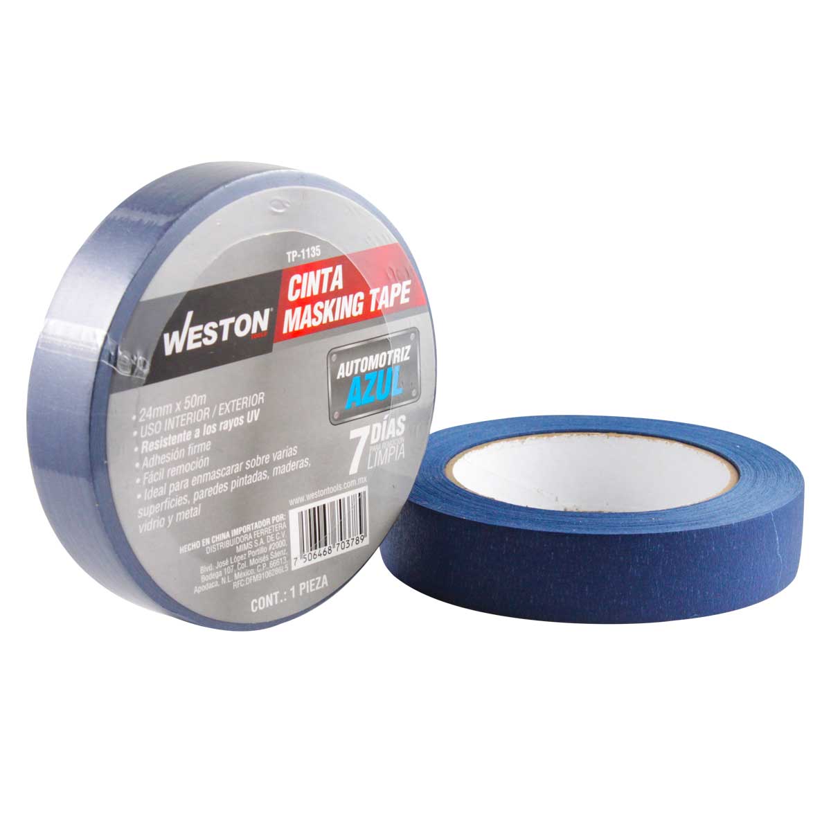 TP-1135 CINTA MASKING TAPE AZUL 7 DIAS 24MM x 50M (Precio x pieza- Caja c/72 pzas)