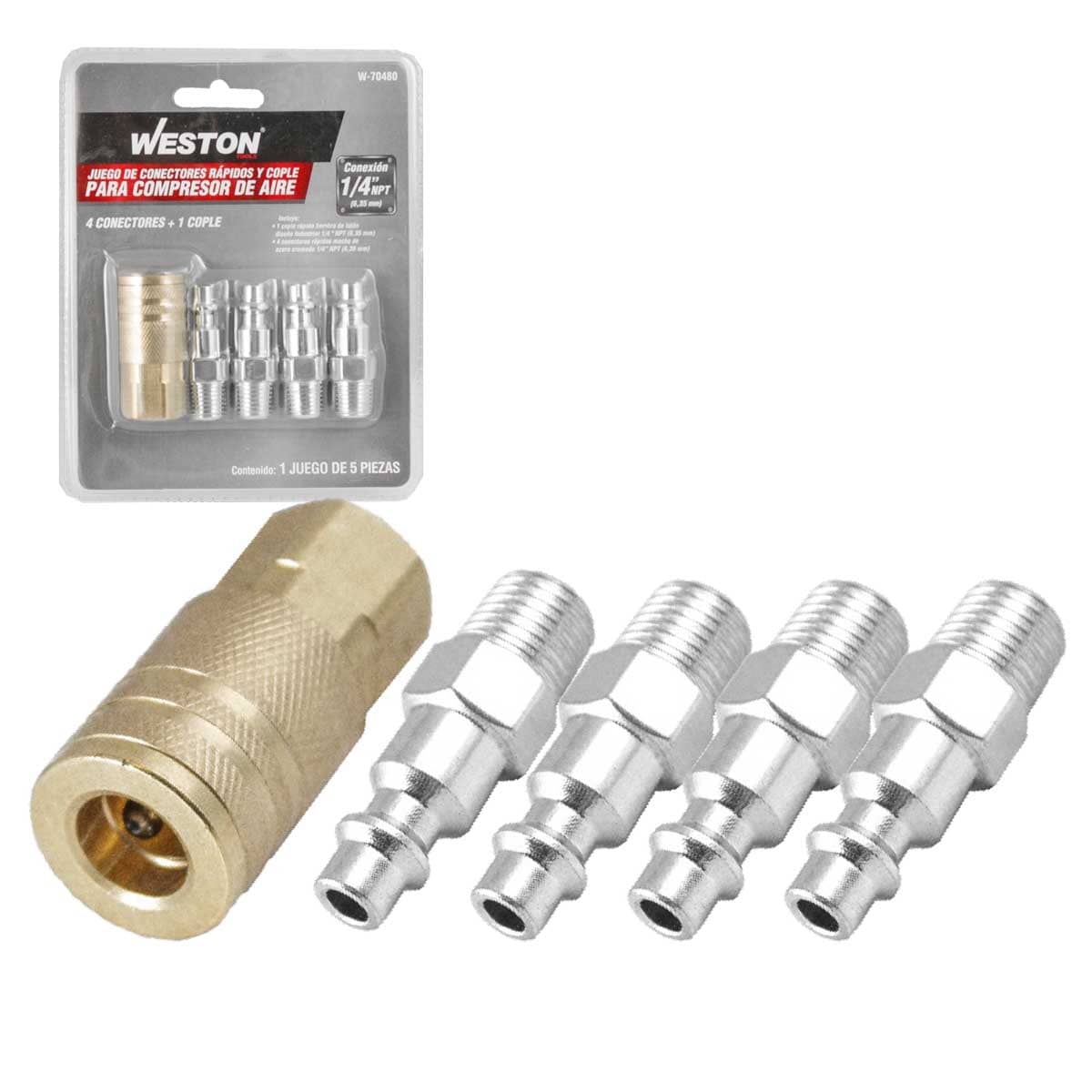 Juego De 4 Conectores Rápidos Y 1 Cople Para Compresor De Aire 1/4'' | W-70480