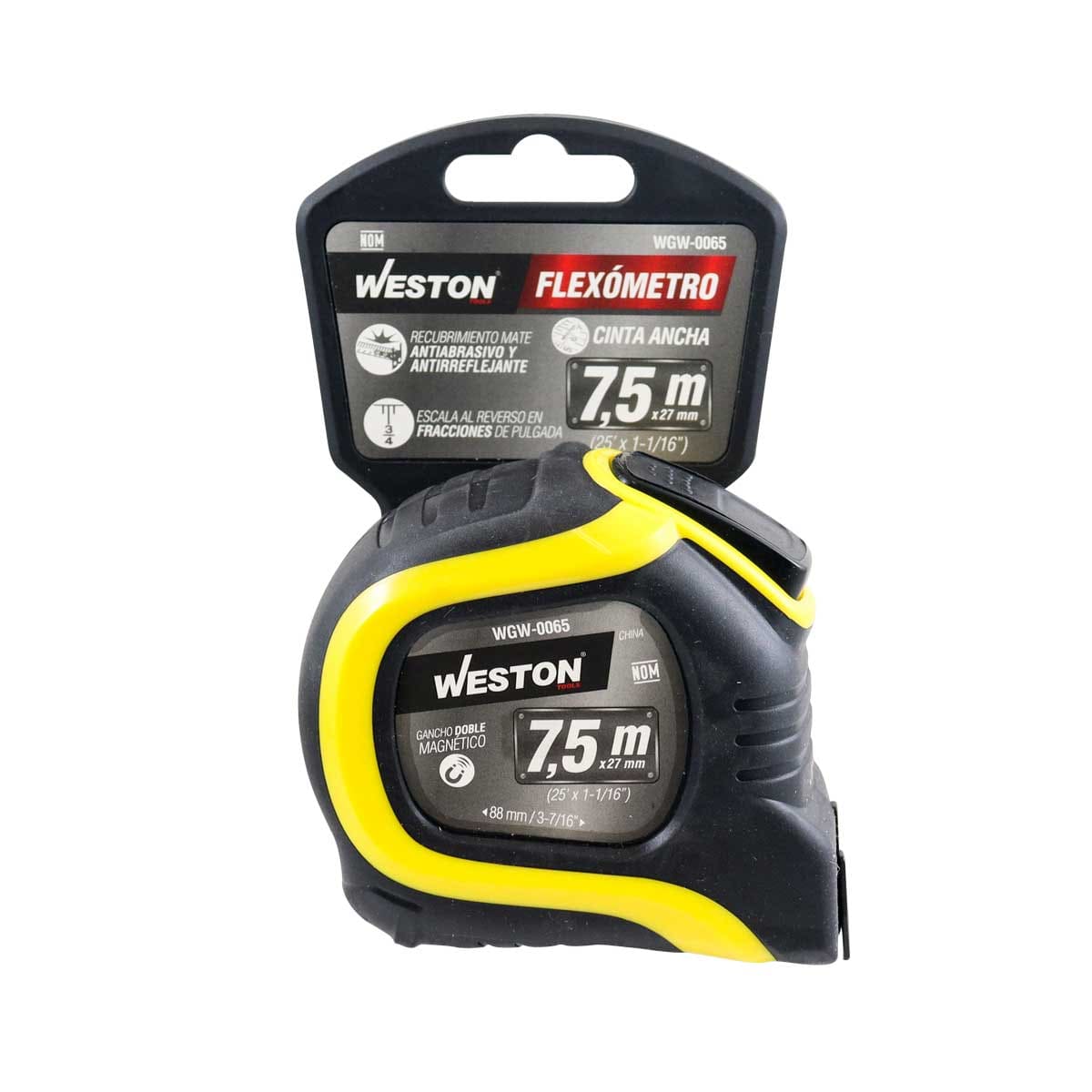 Flexómetro Cinta Ancha 7.5 m x 27 mm Amarillo | WGW-0065