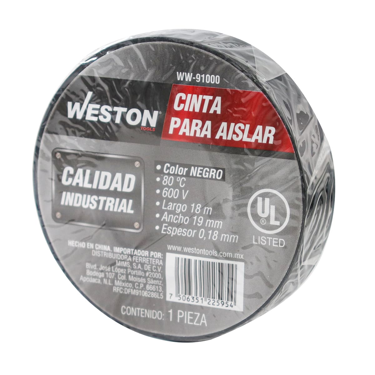 CINTA PARA AISLAR 18 m X 19 mm COLOR NEGRO (Precio x pieza - Empaque c/10 PIEZAS) WW-91000