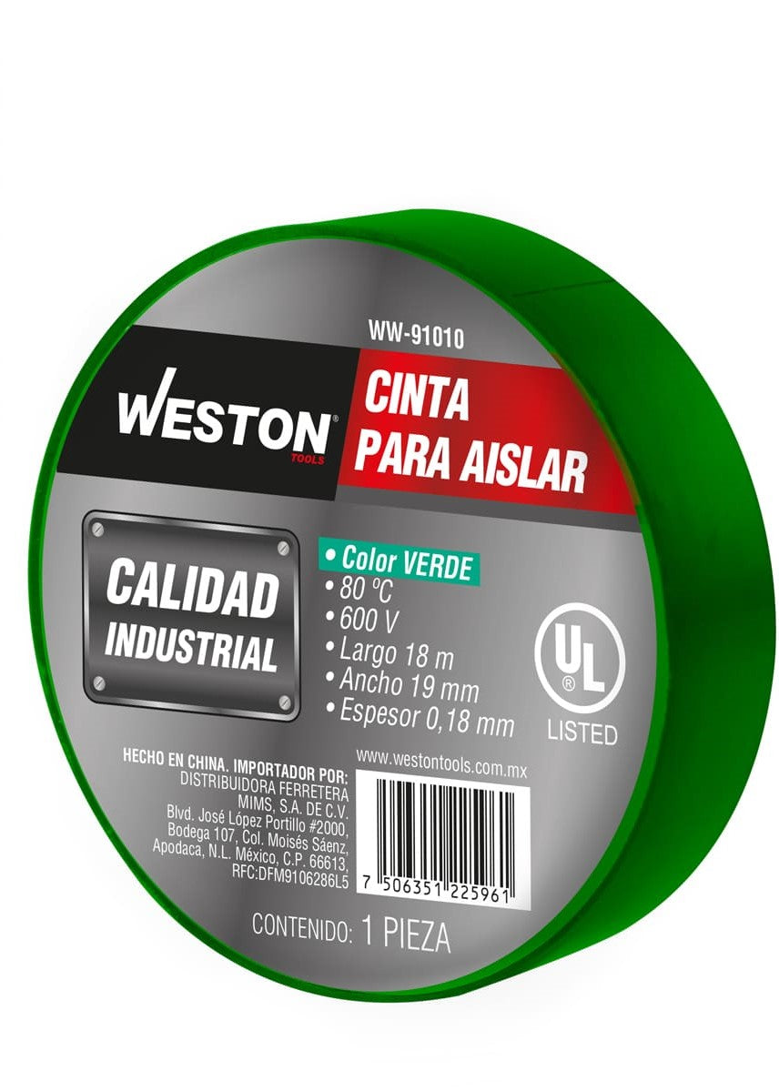 CINTA PARA AISLAR 18 m X 19 mm COLOR VERDE (Precio x pieza - Empaque c/10 PIEZAS) WW-91010