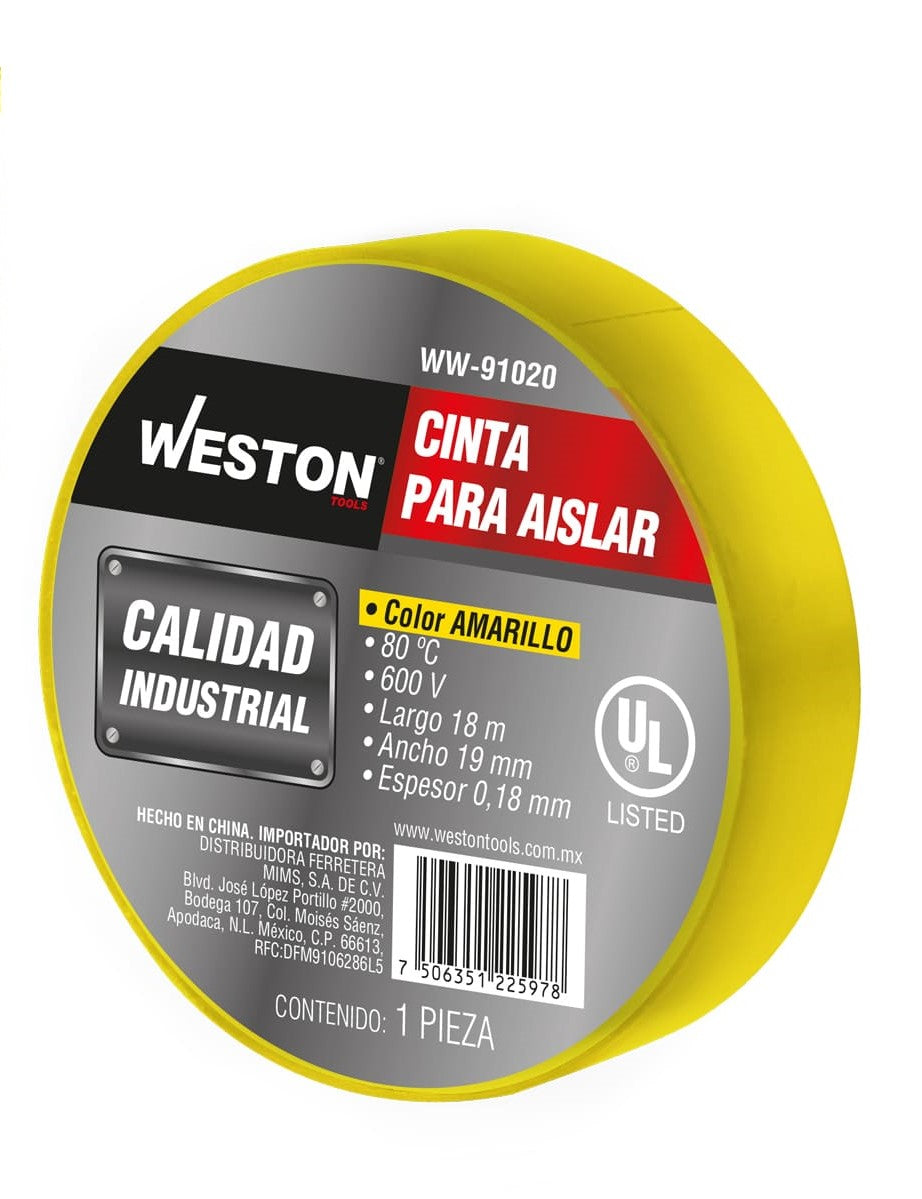 CINTA PARA AISLAR 18 m X 19 mm COLOR AMARILLO (Precio x pieza - Empaque c/10 PIEZAS) WW-91020