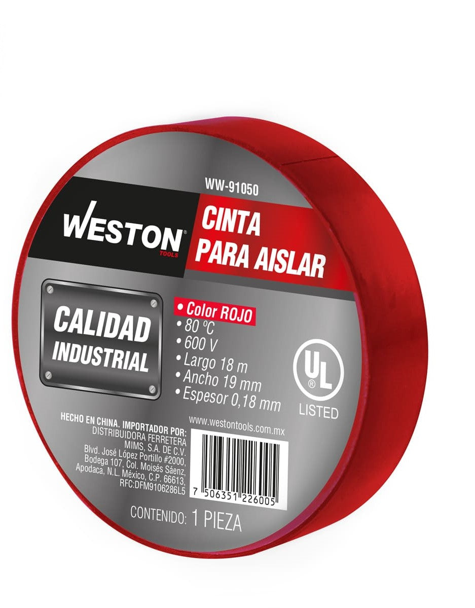 CINTA PARA AISLAR 18 m X 19 mm COLOR ROJO (Precio x pieza - Empaque c/10 PIEZAS) WW-91050