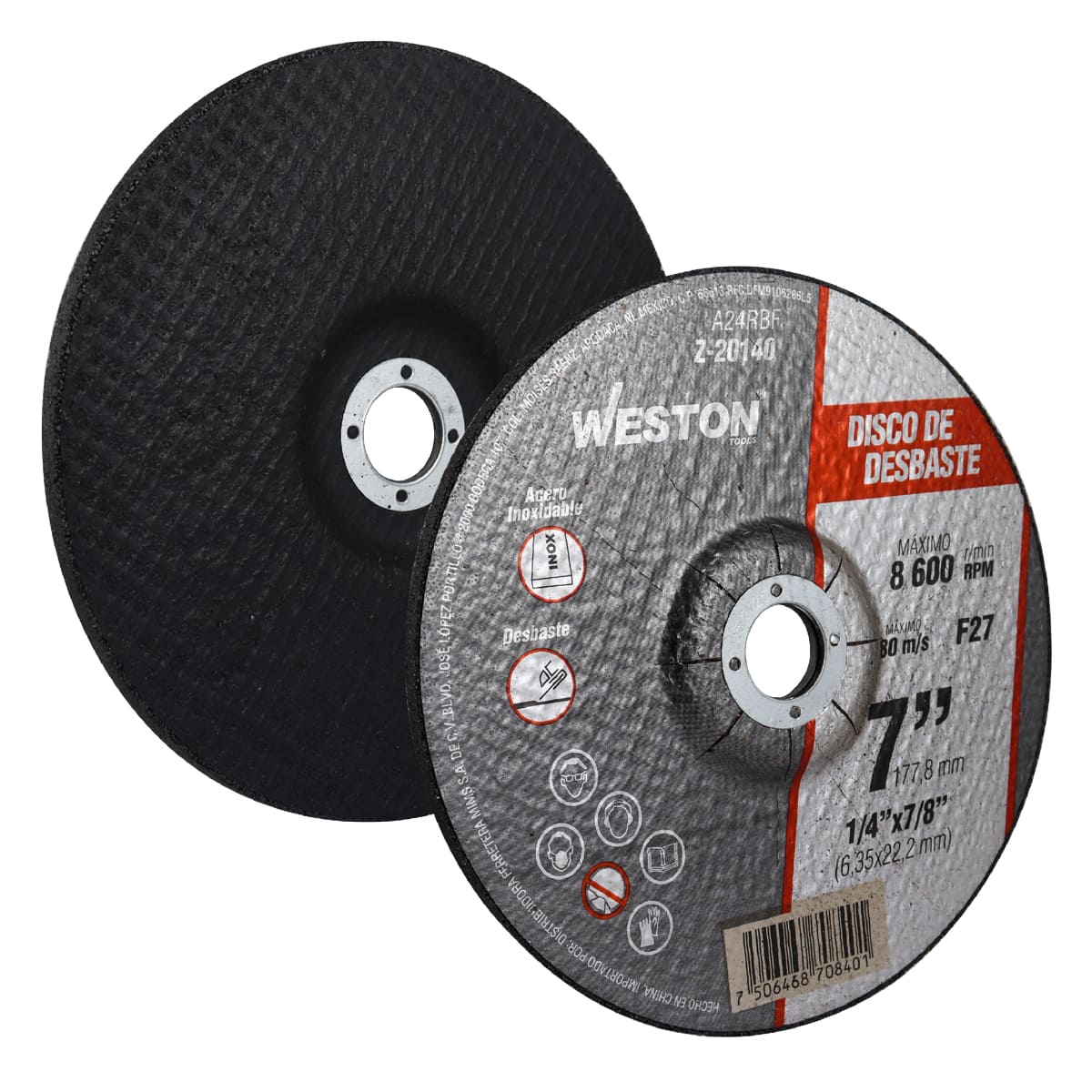 DISCO D/DESBASTE P/INOX. 7" x 1/4"(6.35) x 7/8" F27 (Emp. c/5 Pzas - Precio x Pza) Z-20140