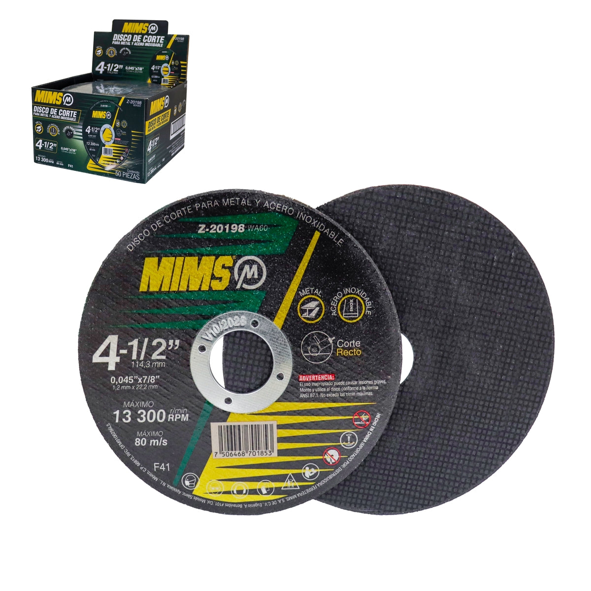 Disco de Corte para Metal y Acero Inoxidable 4-1/2" x 0.045" x 7/8" Mims Z-20198