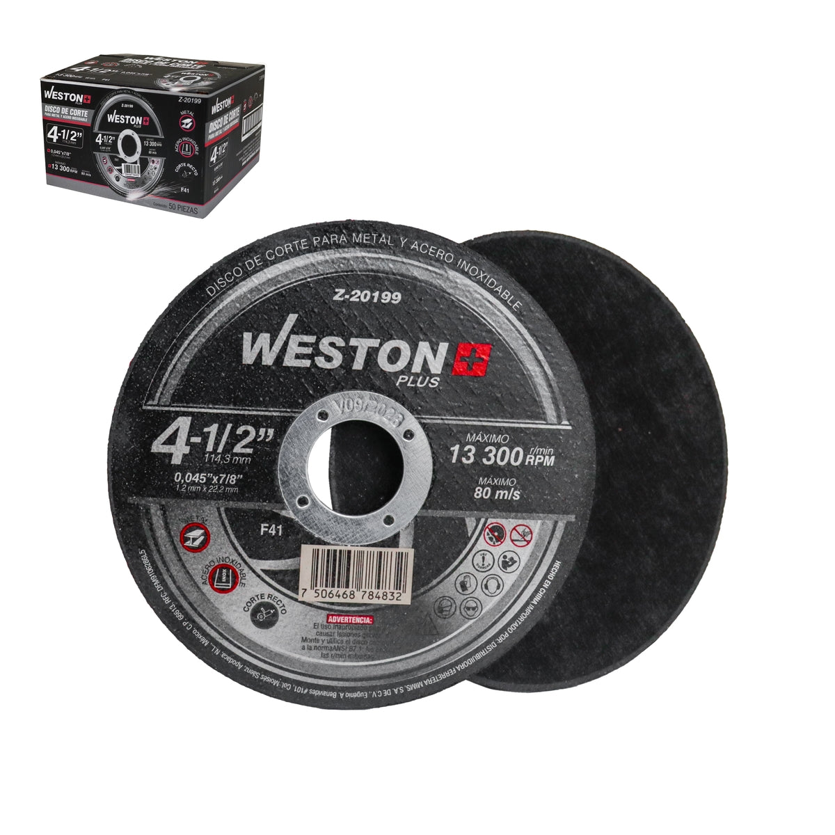 Disco de Corte para Inoxidable y Metal 4-1/2" x 0.045" x 7/8" F41 Weston Plus | Z-20199