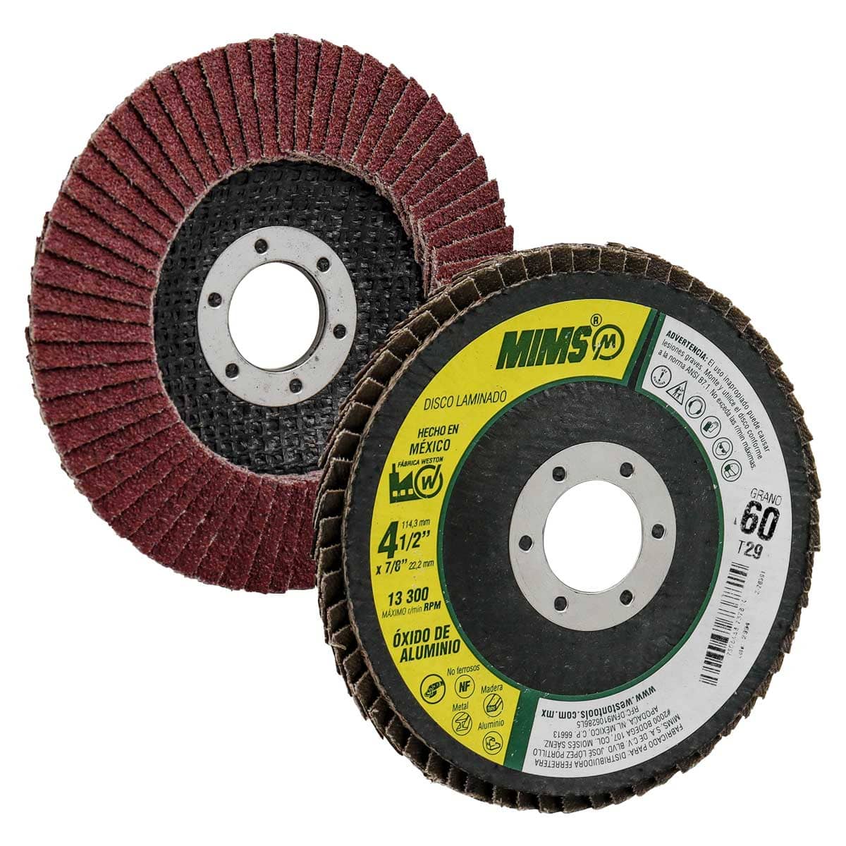 DISCO LAMINADO MIMS ÓXIDO DE ALUMINIO 4-1/2" X 7/8" G60 T29 (Precio x pieza - Empaque c/10 pzas) Z-20393