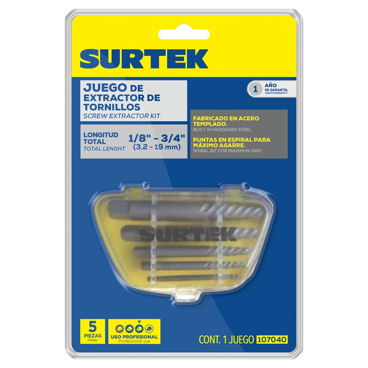 Juego De Extractor cola De Cochino Para Tornillos, 5 Piezas, Surtek 107040