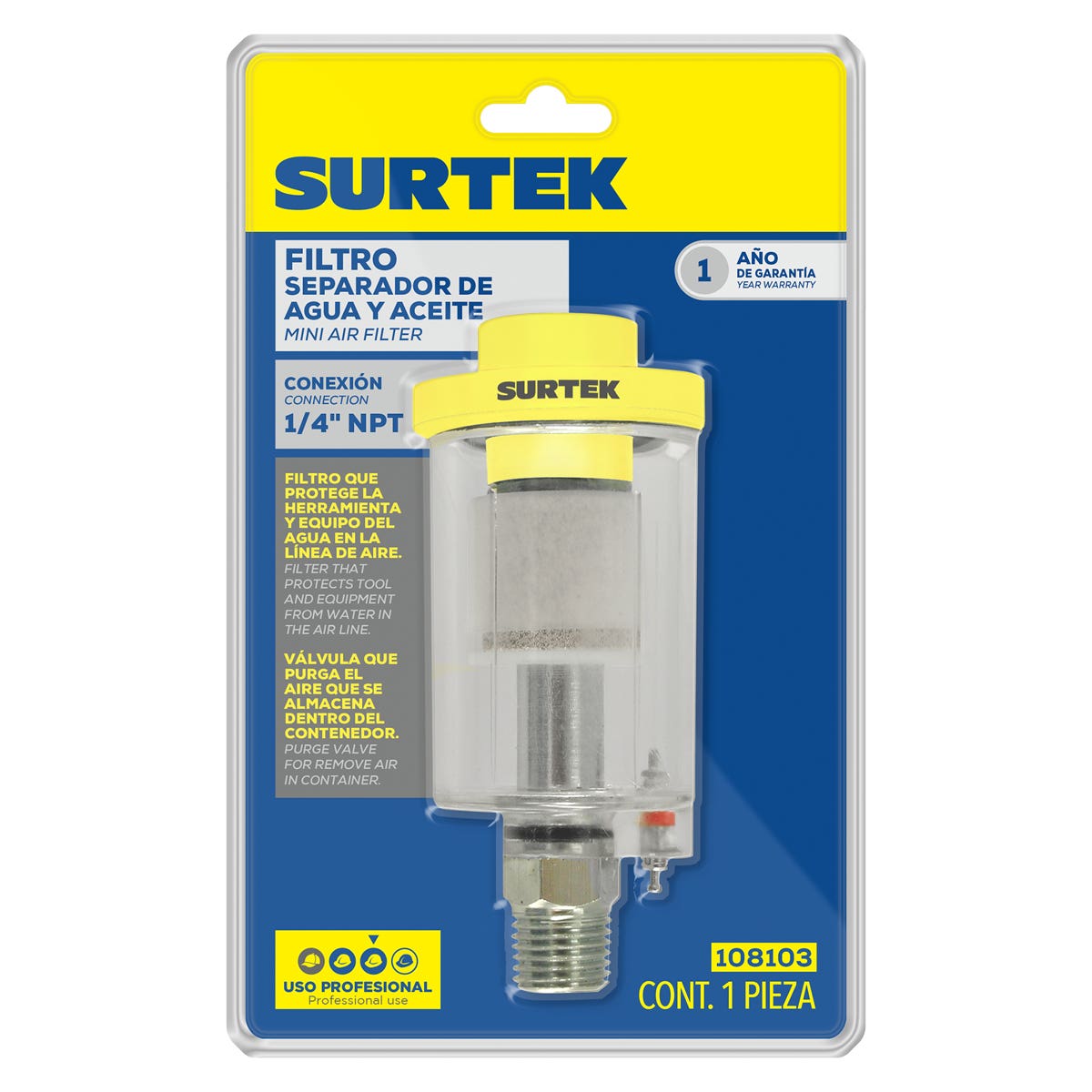Filtro Separador Agua Y Aceite 1/4 NPT, Surtek 108103