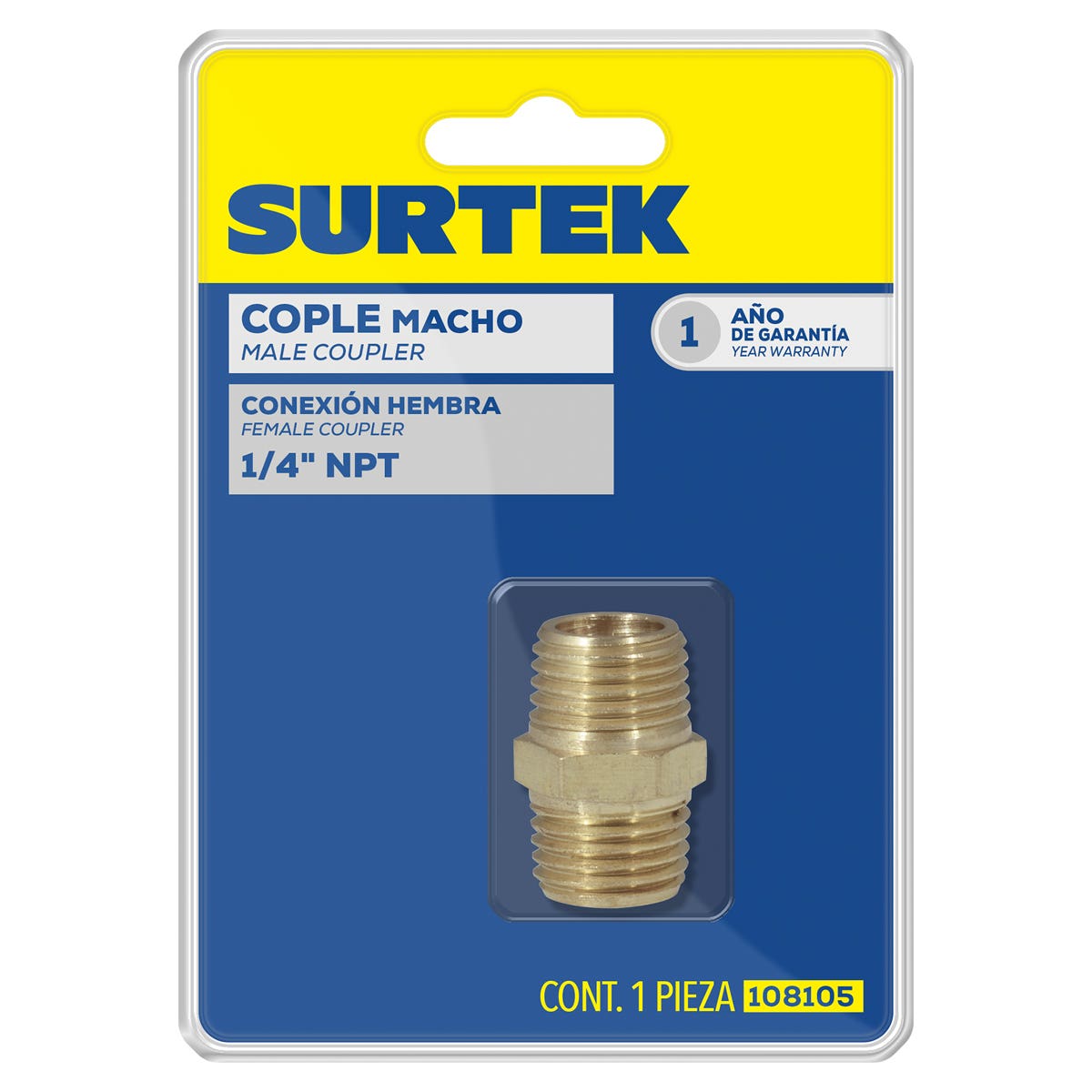 Conector De Latón 1/4 NPT, Macho, Surtek 108105