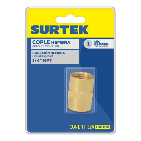 Conector De Latón 1/4 NPT, Hembra, Surtek 108106