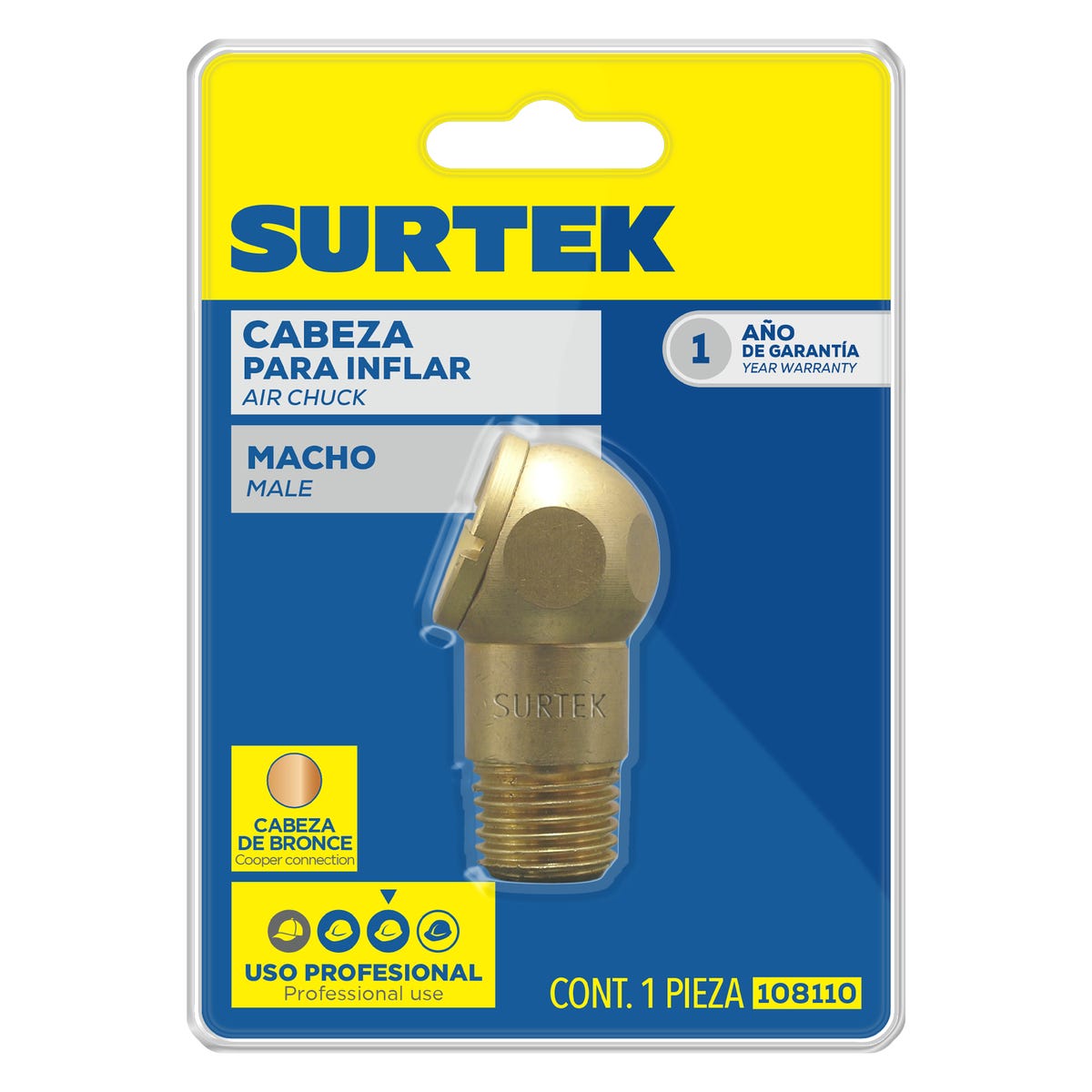 Cabeza Para Inflar De 1/4 NPT, Macho, Surtek 108110