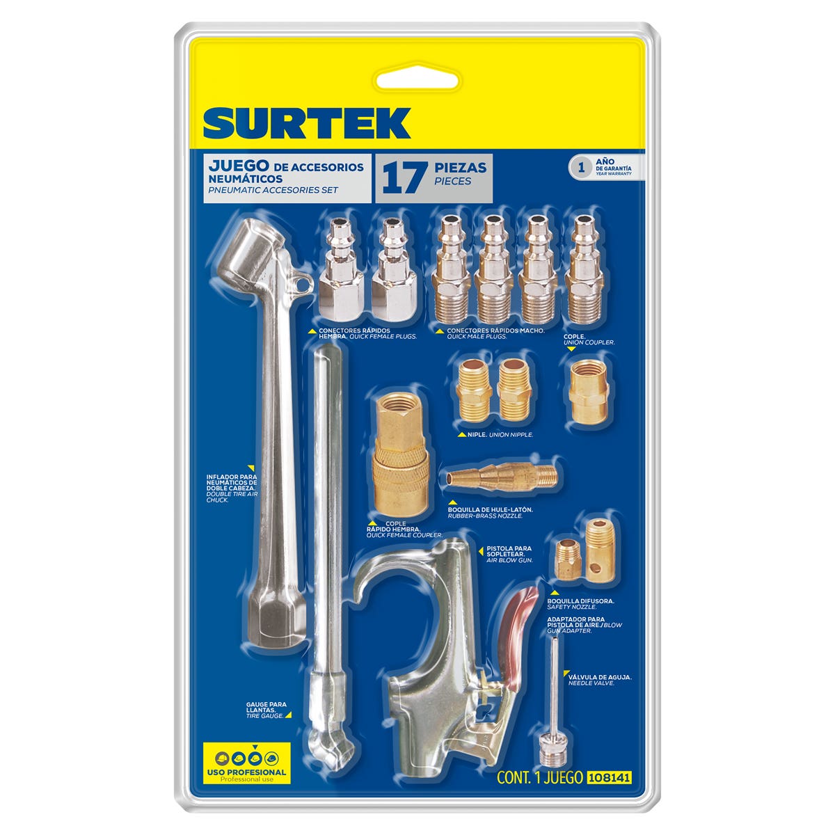 Juego De Accesorios Neumáticos, 17 Piezas, Surtek 108141