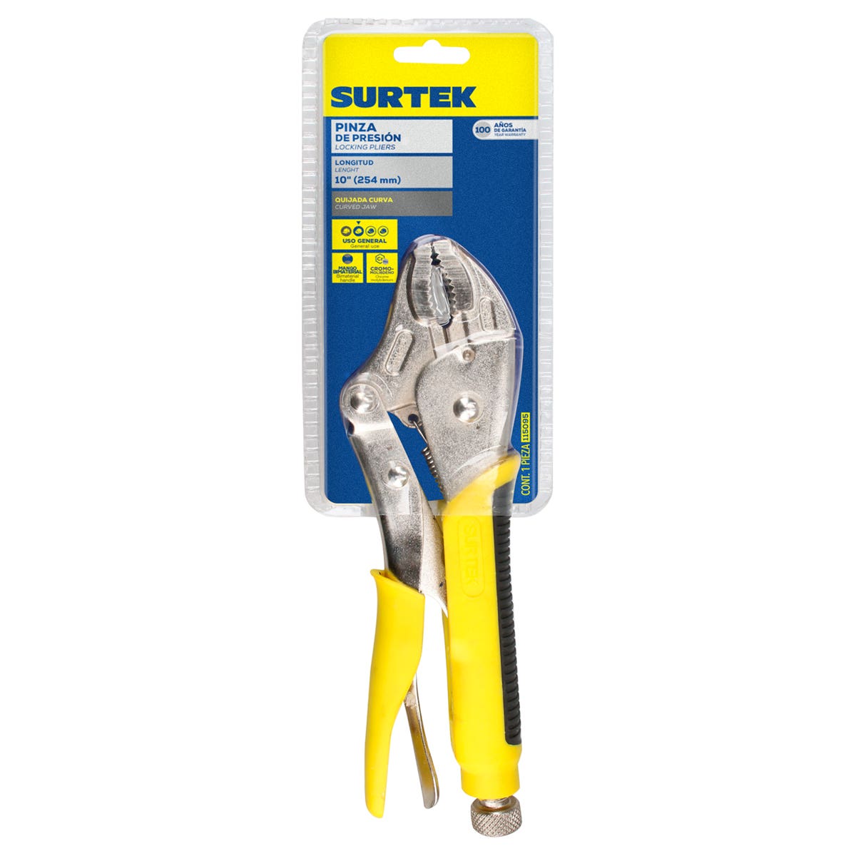 Pinza De Presión Con Mango Bimaterial Punta Curva De 10, Surtek 115095
