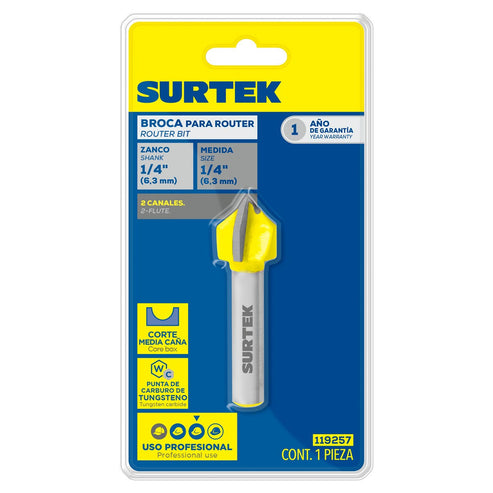 Broca Para Router De Acero De Media Caña 1/4 Zanco De 1/4, Surtek 119257