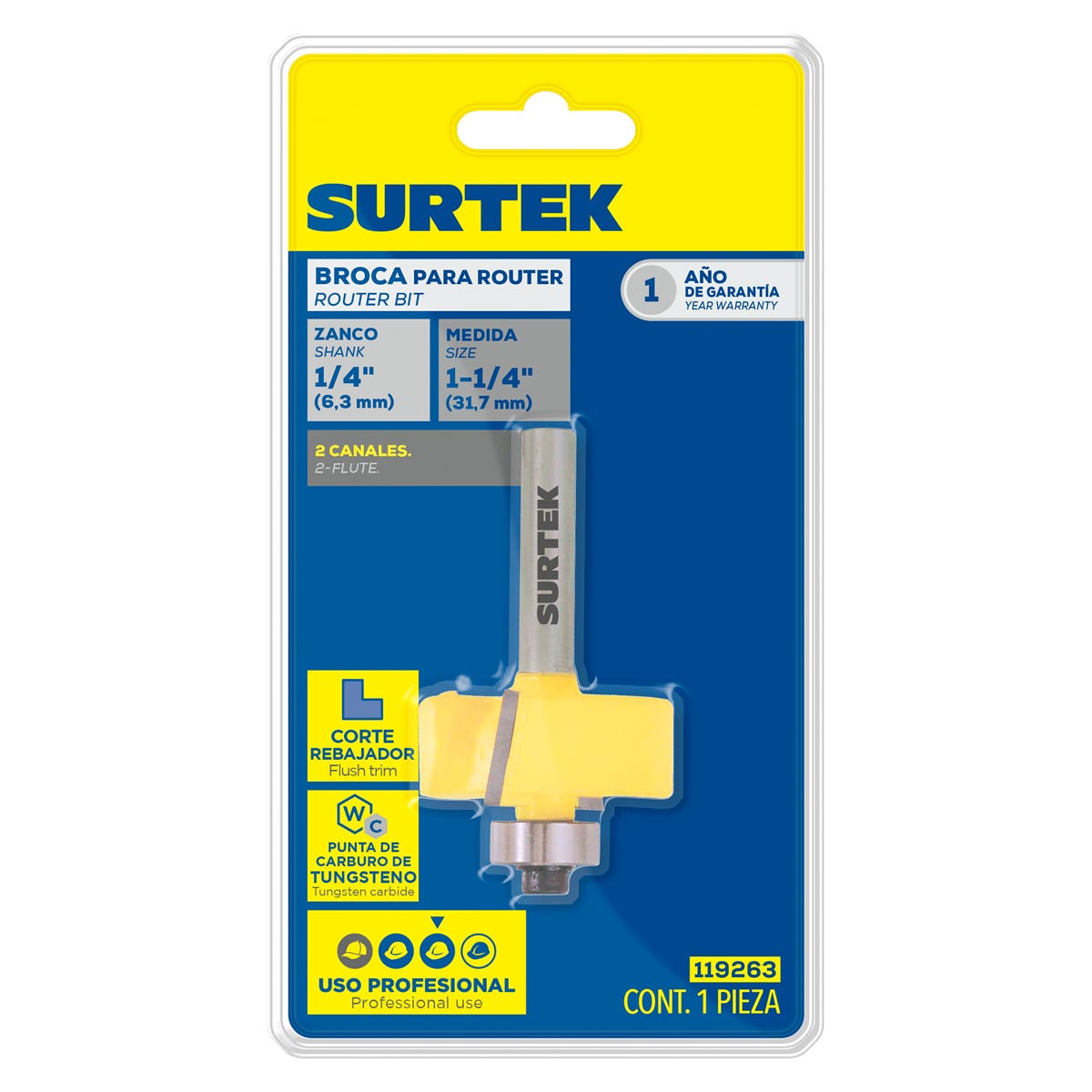 Broca Para Router De Acero Rebajadora Con Balero 1-1/4 Zanco De 1/4, Surtek 119263