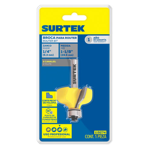 Broca Para Router De Acero Pecho De Paloma Con Balero 1-1/8 Zanco De 1/4, Surtek 119274