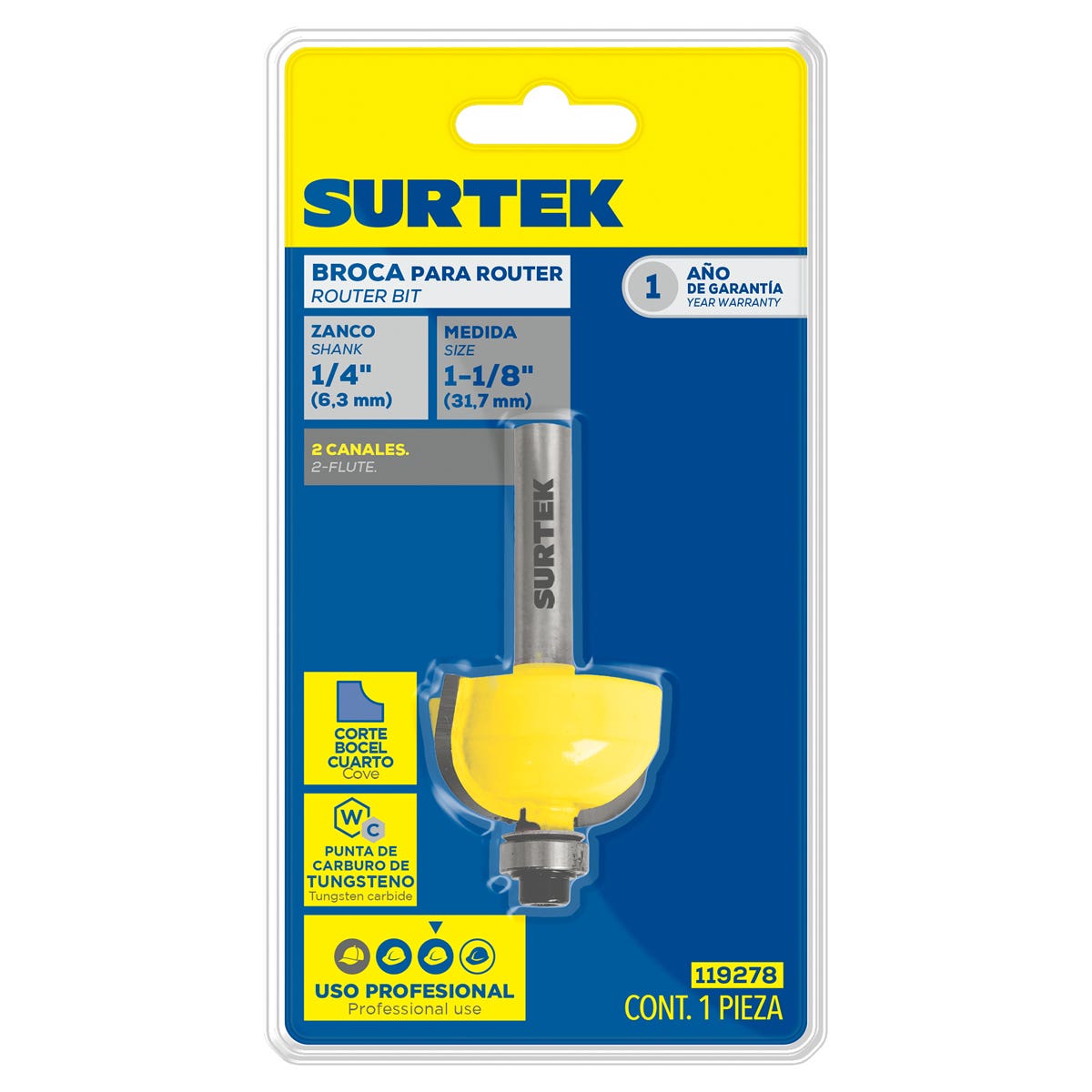 Broca Para Router De Acero Bocel Cuarto Con Balero 1-1/8 Zanco De 1/4, Surtek 119278