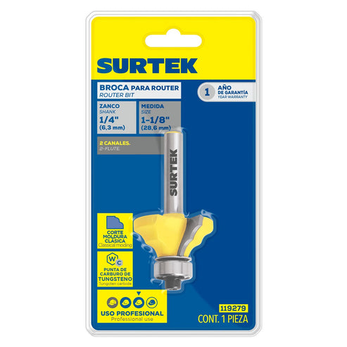 Broca Para Router De Acero Moldura Clásica Con Balero 1-1/8 Zanco De 1/4, Surtek 119279