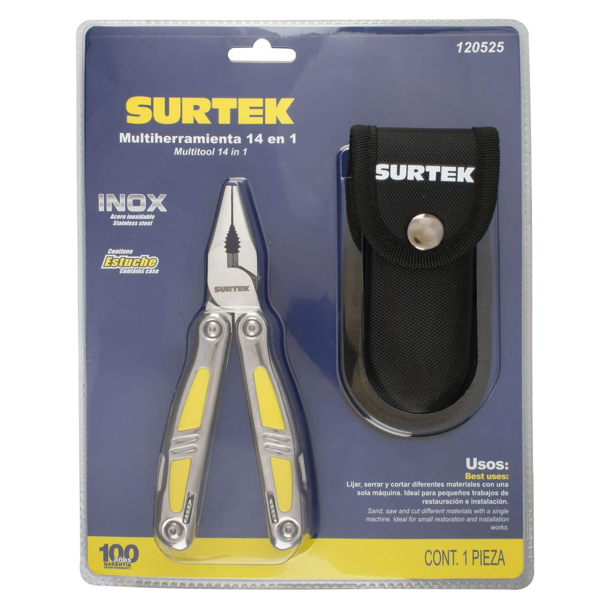 Pinza Multiherramienta Con Mango De Acero Inoxidable Y Plástico 14 En 1 De 6, Surtek 120525