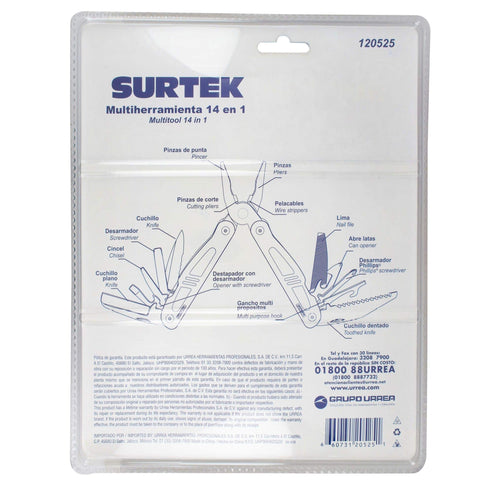 Pinza Multiherramienta Con Mango De Acero Inoxidable Y Plástico 14 En 1 De 6, Surtek 120525