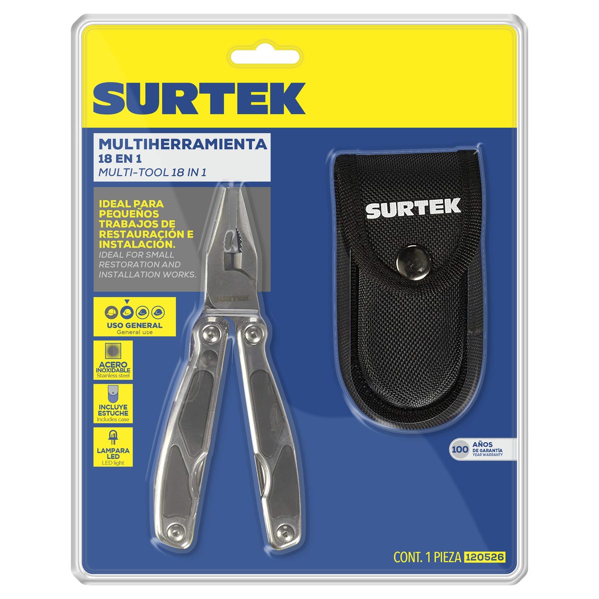 Pinza Multiherramienta Con Mango De Acero Inoxidable Y Plástico Con Luz LED 14 En 1 De 6, Surtek 120526