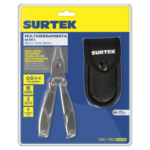 Pinza Multiherramienta Con Mango De Acero Inoxidable Y Plástico Con Luz LED 14 En 1 De 6, Surtek 120526
