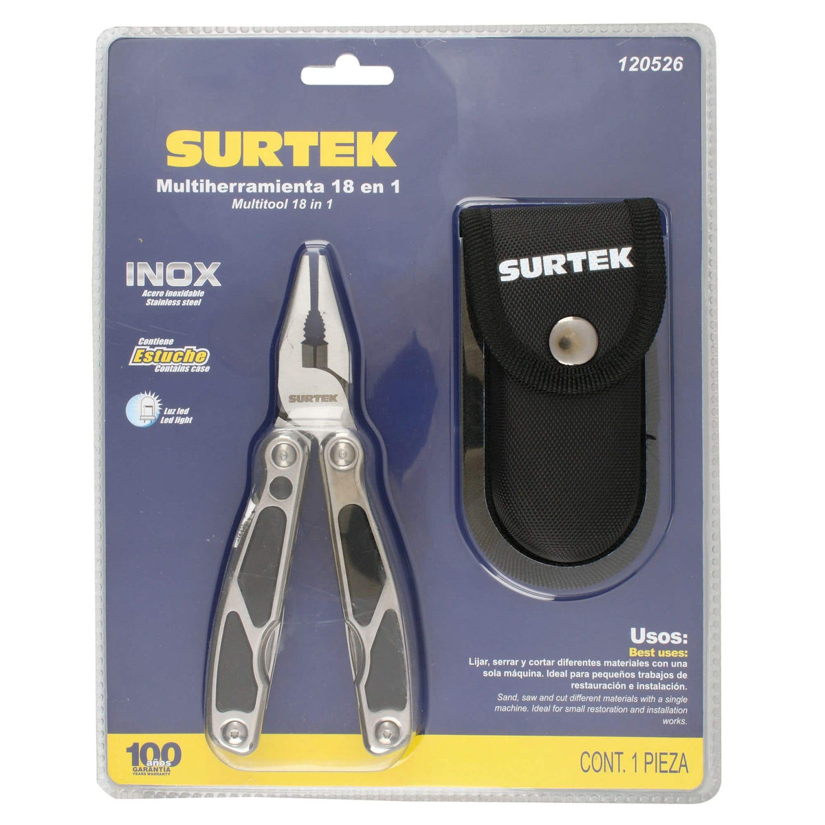 Pinza Multiherramienta Con Mango De Acero Inoxidable Y Plástico Con Luz LED 14 En 1 De 6, Surtek 120526