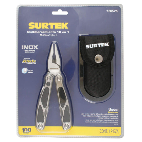 Pinza Multiherramienta Con Mango De Acero Inoxidable Y Plástico Con Luz LED 14 En 1 De 6, Surtek 120526