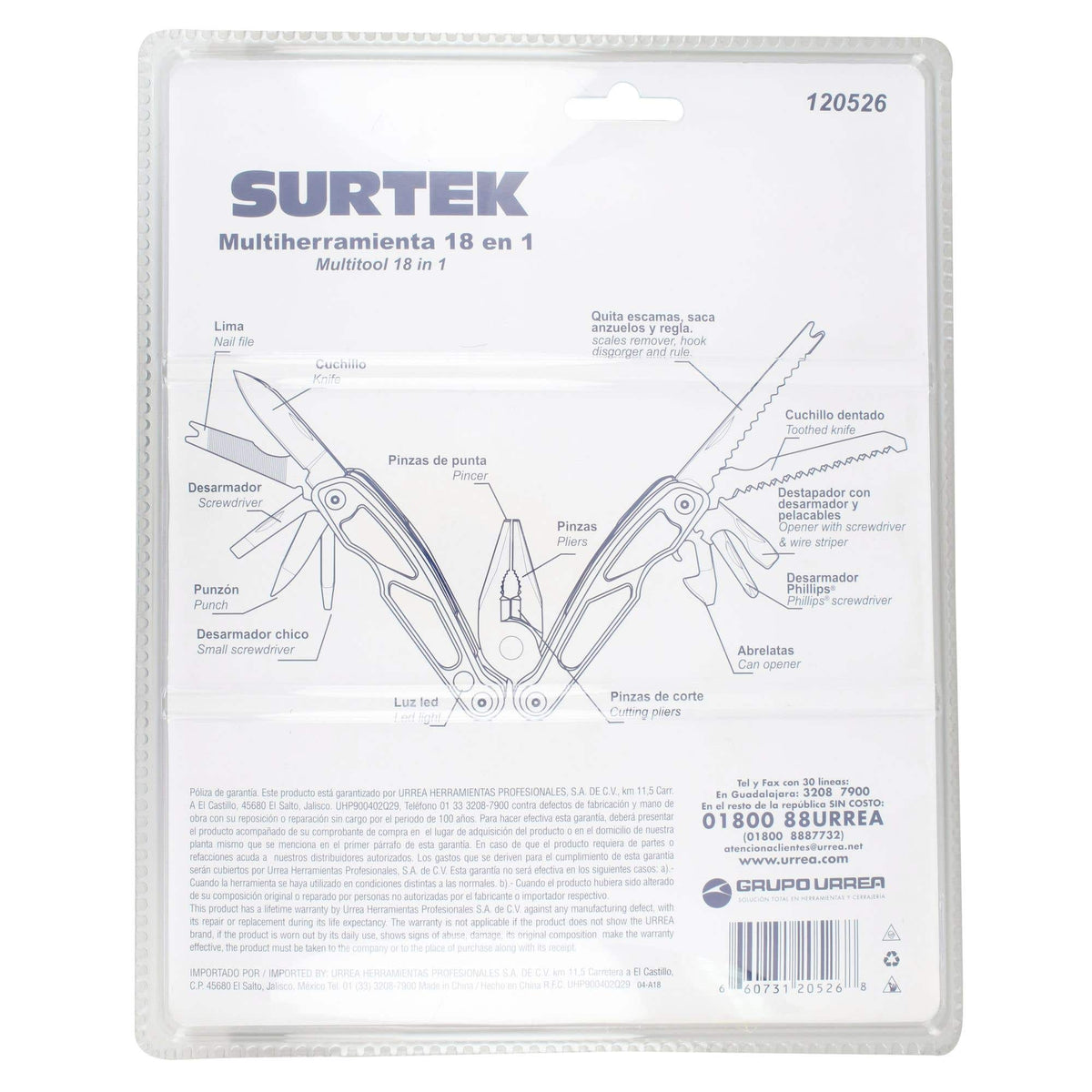 Pinza Multiherramienta Con Mango De Acero Inoxidable Y Plástico Con Luz LED 14 En 1 De 6, Surtek 120526