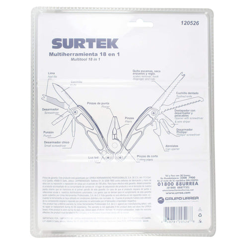 Pinza Multiherramienta Con Mango De Acero Inoxidable Y Plástico Con Luz LED 14 En 1 De 6, Surtek 120526