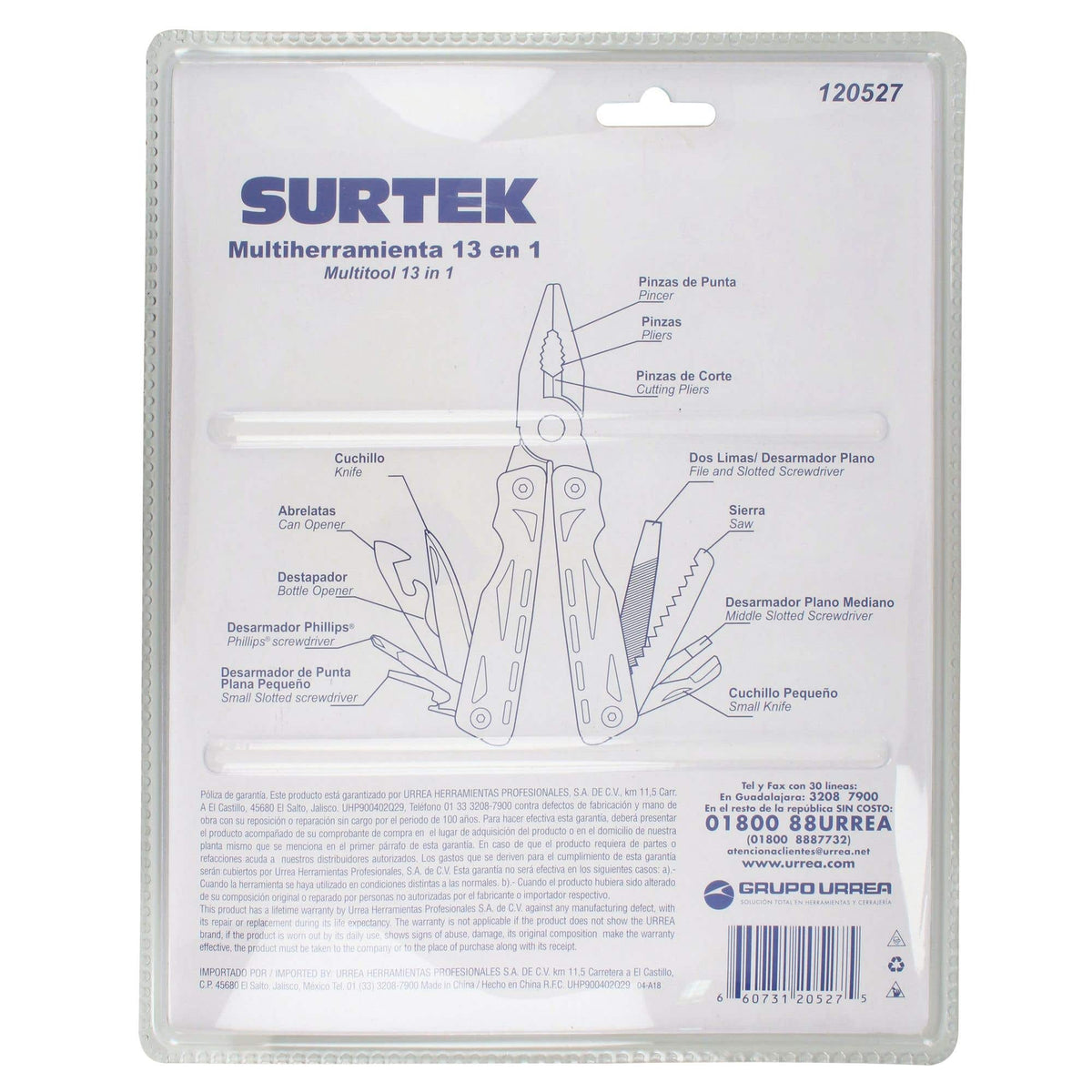 Pinza Multiherramienta Con Mango De Aluminio Y Plástico 13 En 1, Surtek 120527