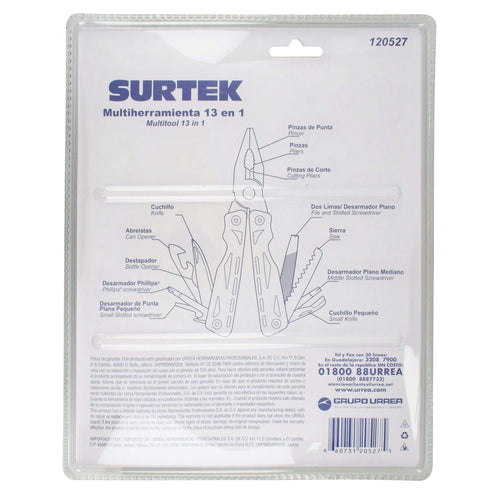 Pinza Multiherramienta Con Mango De Aluminio Y Plástico 13 En 1, Surtek 120527