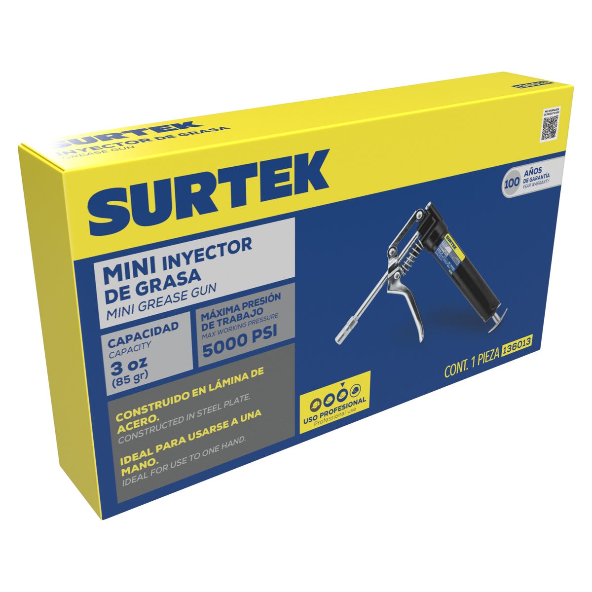 Inyector De Grasa Tipo Pistola De 119 g, 5000 PSI, Surtek 136013