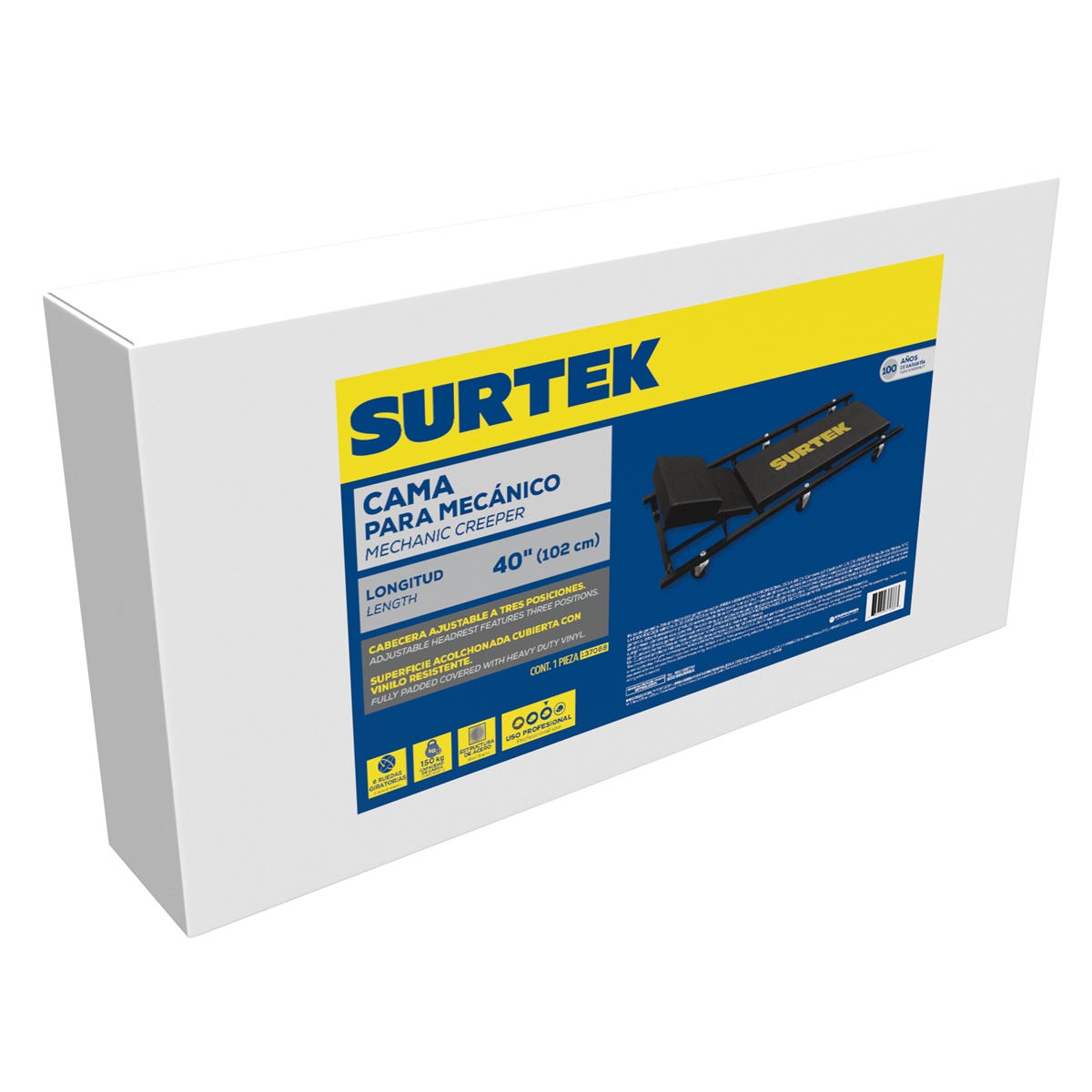 Cama Para Mecánico Ajustable Acolchonada 3 Posiciones, 40, Surtek 137068