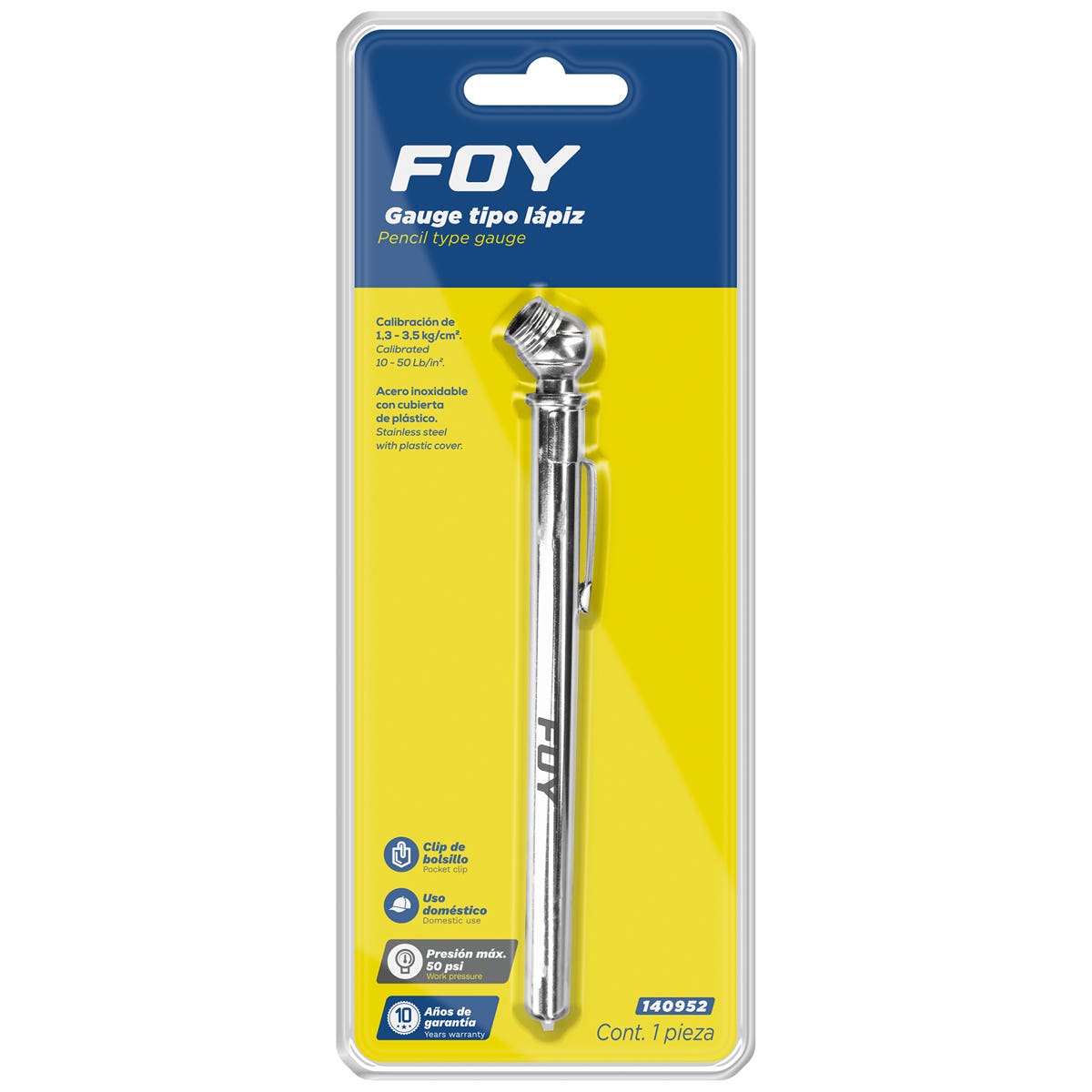 Gauge Tipo Lápiz 50 PSI, 30.90 cm, Foy 140952