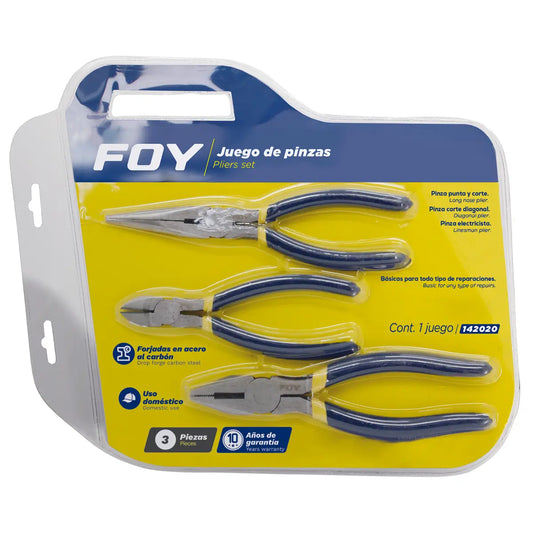 Juego De Pinzas Para Electricista Con Mango Doble Plastisol, 3 Piezas, Foy 142020