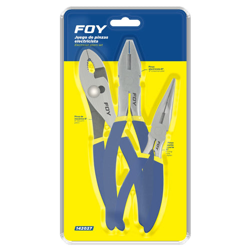 Juego De Pinzas Para Electricista Con Mango Doble Plastisol, 3 Piezas, Foy 142027