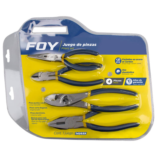 Juego De Pinzas Para Electricista Con Mango Doble Plastisol, 4 Piezas, Foy 142039
