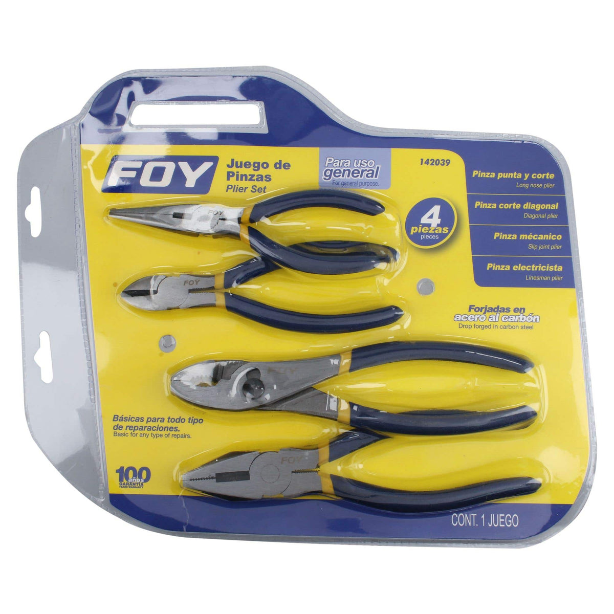 Juego De Pinzas Para Electricista Con Mango Doble Plastisol, 4 Piezas, Foy 142039
