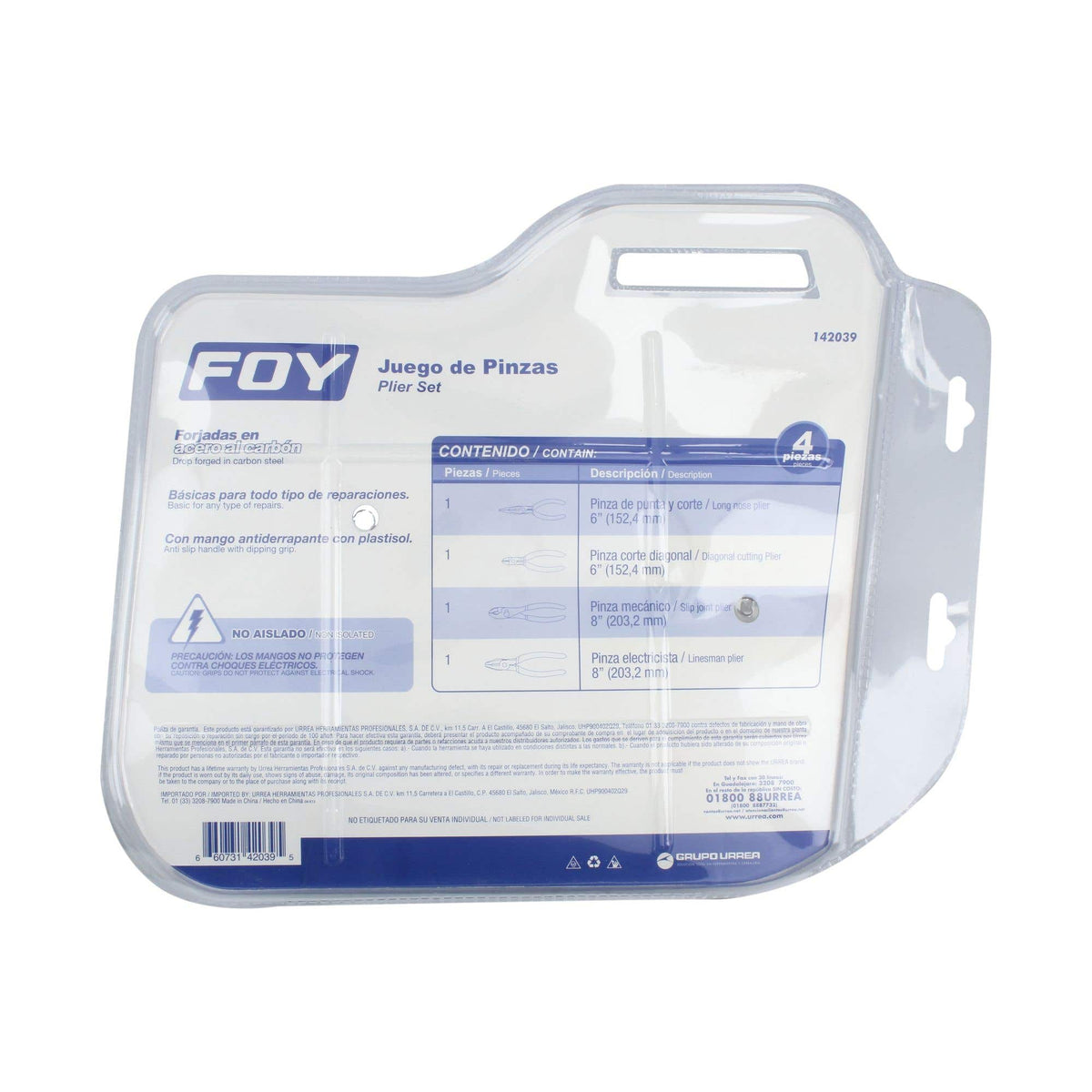 Juego De Pinzas Para Electricista Con Mango Doble Plastisol, 4 Piezas, Foy 142039