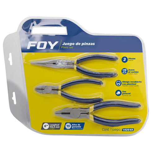 Juego De Pinzas Para Electricista Con Mango Doble Plastisol, 3 Piezas, Foy 142049
