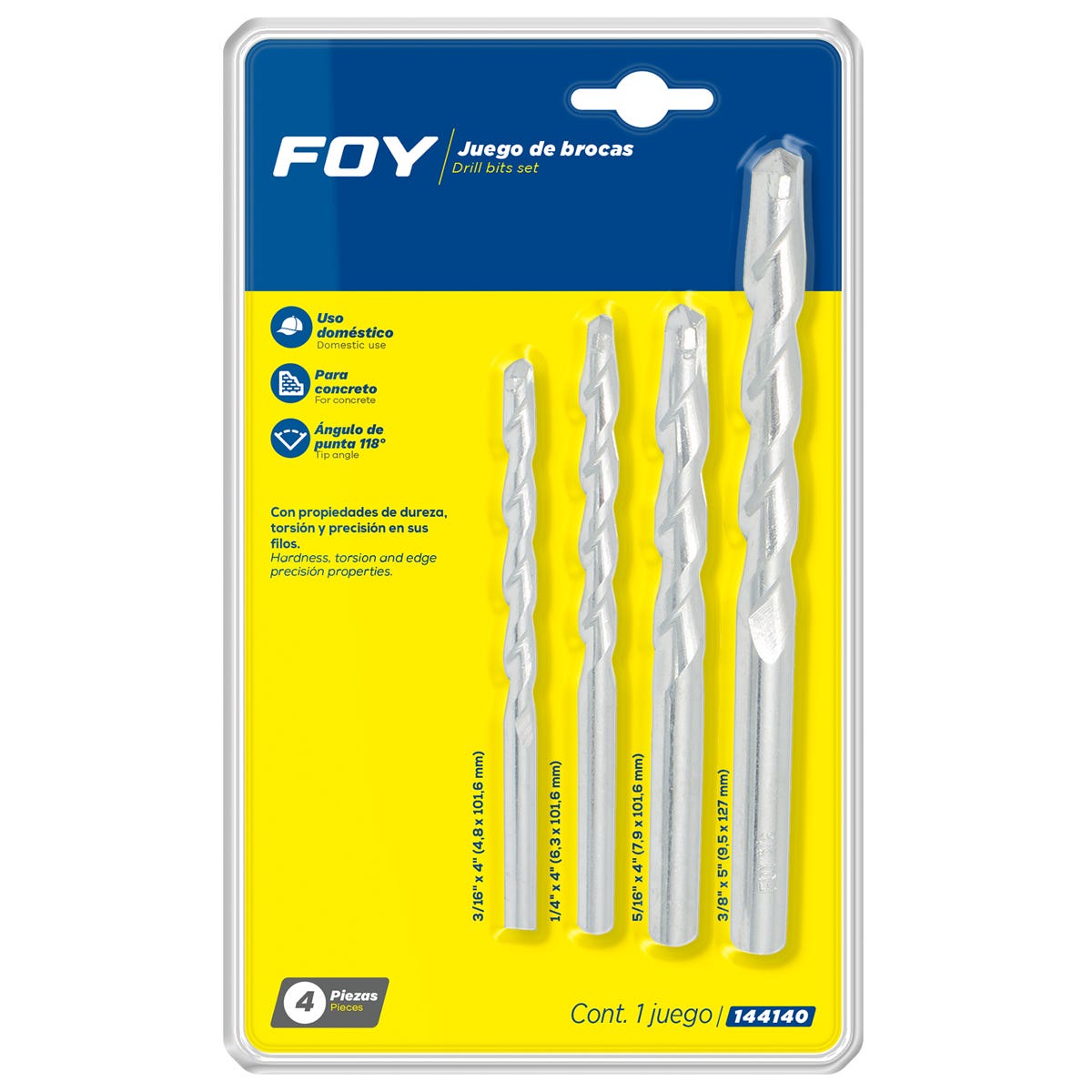 Juego De Brocas Para Concreto Con Punta De Tungsteno, 4 Piezas, Foy 144140