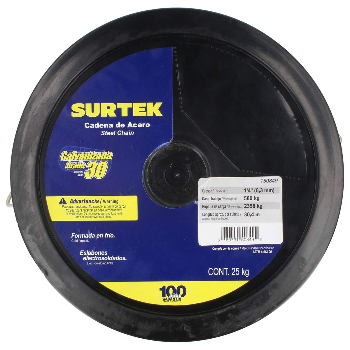 Cadena Grado 30 Galvanizada 1/4, 25 kg, Surtek 150849