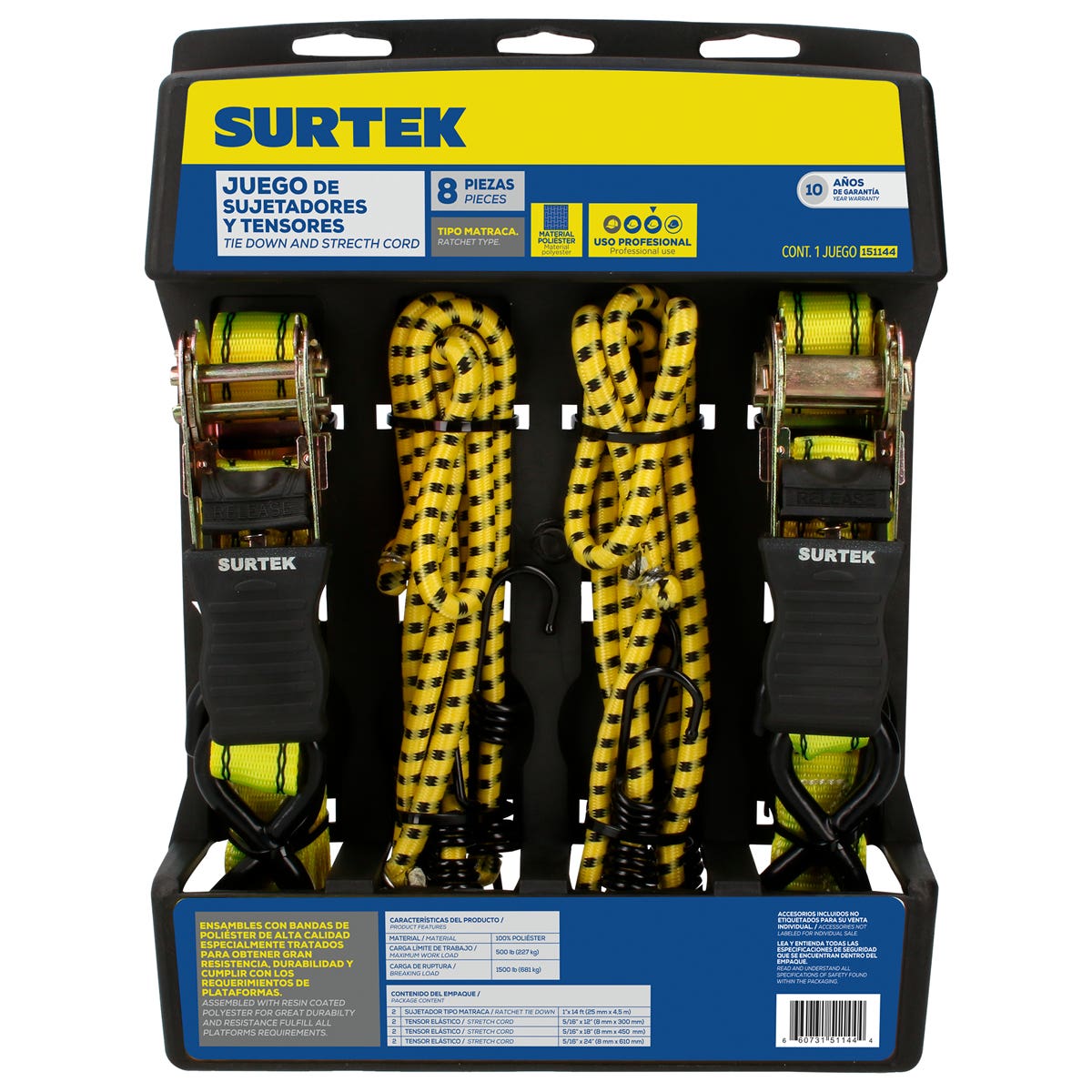 Juego De Sujetadores Tipo Matraca Y Tensores, 8 Piezas, Surtek 151144
