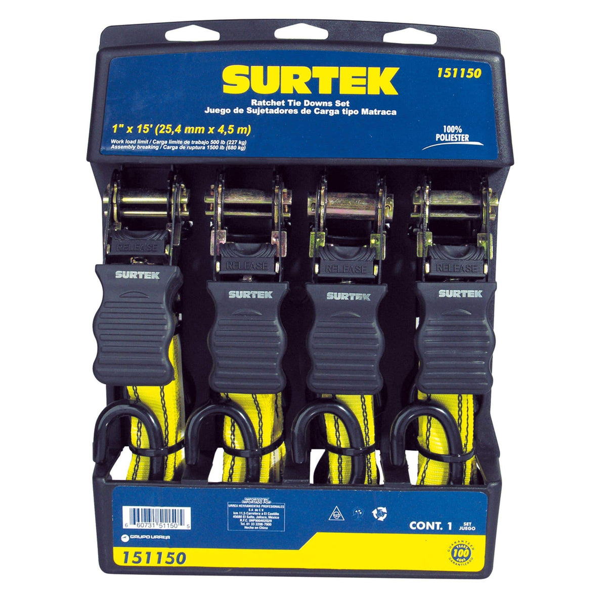 Juego De Sujetadores Tipo Matraca 1 x 4.5 m, 227 kg Carga Maxima, Surtek 151150