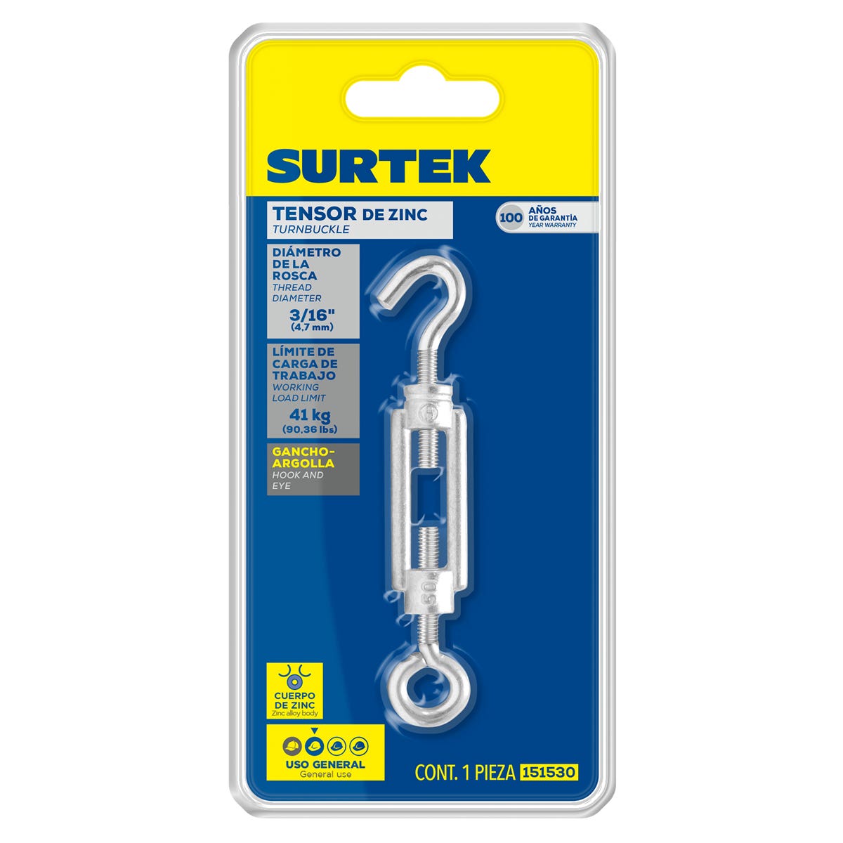 Tensor Zinc Gancho-Argolla 3/16, Surtek 151530